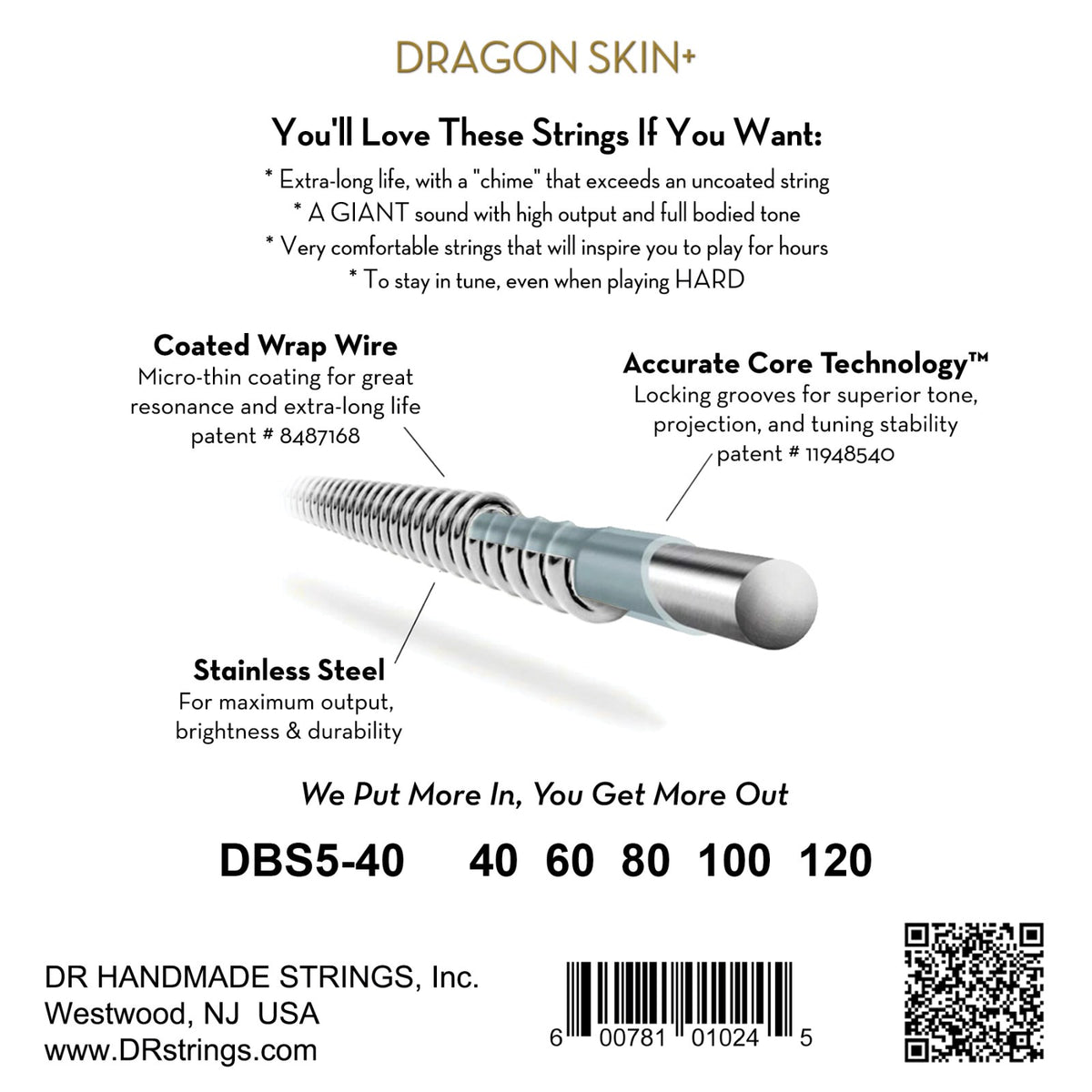 Mặt sau bao bì dây DR Dragon Skin+ DBS5-40: mã DBS5-40, cỡ từng dây, mã vạch, DR Handmade Strings Westwood NJ USA