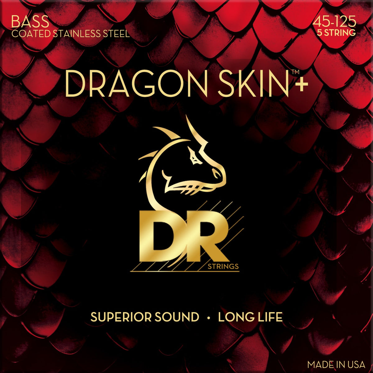 Dây DR Dragon Skin+ DBS5-45 45-125 Medium 5-String – bao bì mặt trước, in MADE IN USA