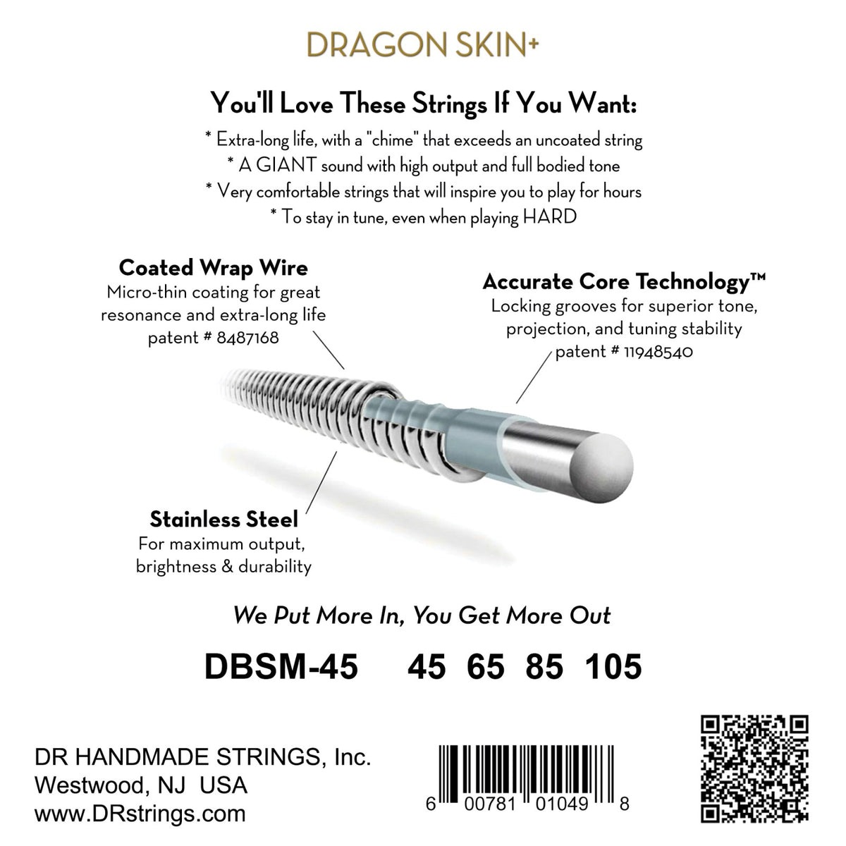 Mặt sau bao bì dây DR Dragon Skin+ DBSM-45: mã DBSM-45, cỡ từng dây, mã vạch, DR Handmade Strings Westwood NJ USA