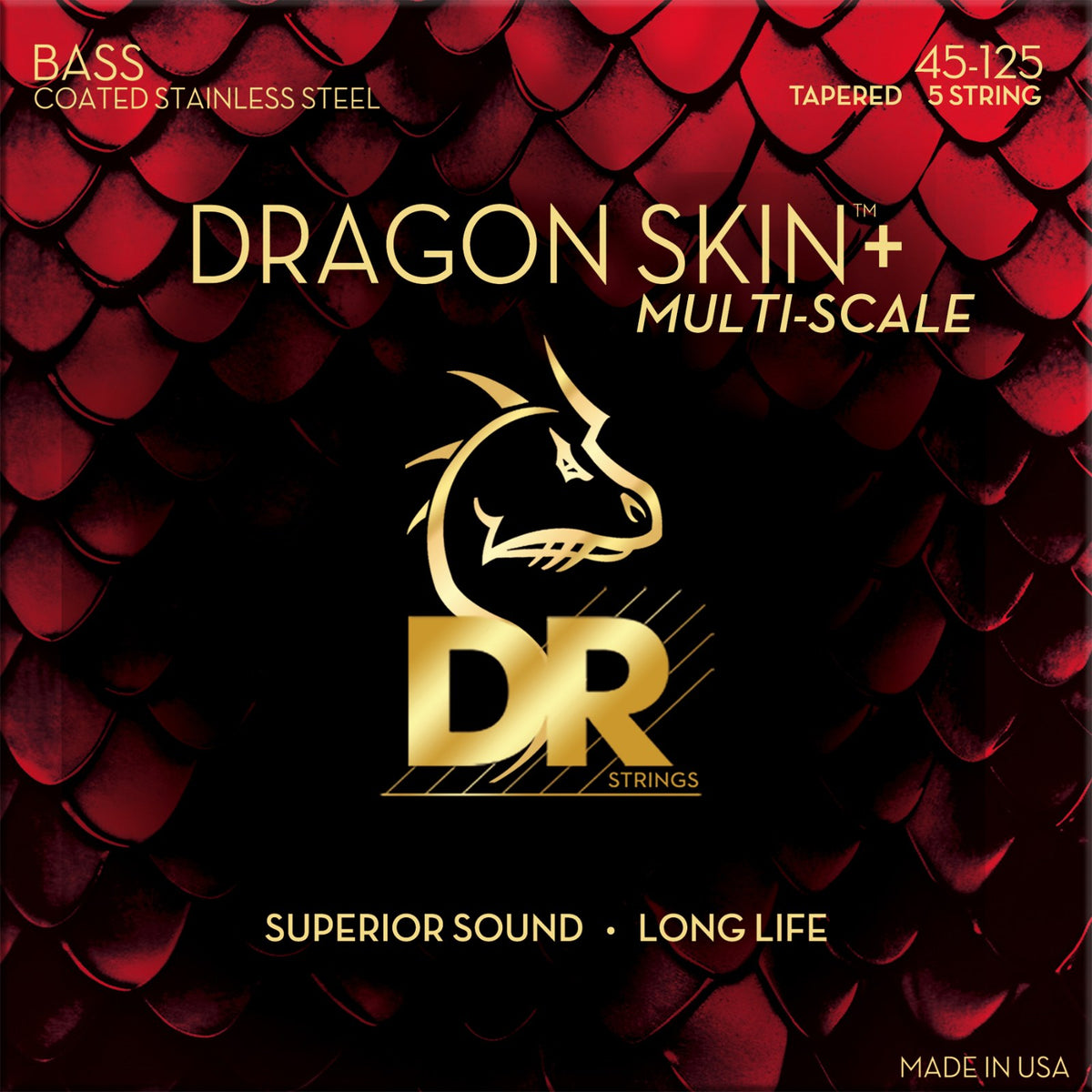 Dây DR Dragon Skin+ DBSM5-45 45-125 Medium Multi-Scale 5-string – bao bì mặt trước, in MADE IN USA