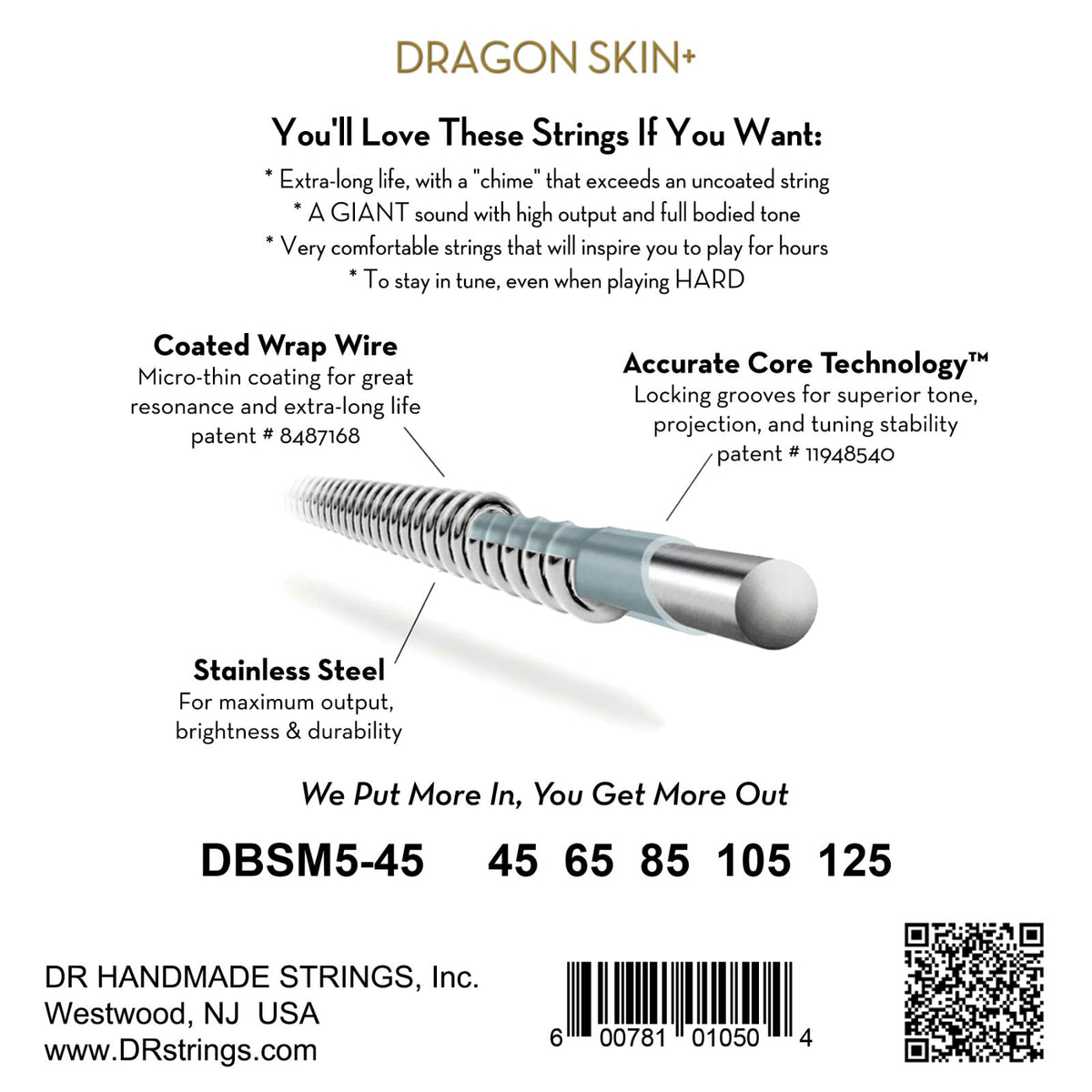 Mặt sau bao bì dây DR Dragon Skin+ DBSM5-45: mã DBSM5-45, cỡ từng dây, mã vạch, DR Handmade Strings Westwood NJ USA