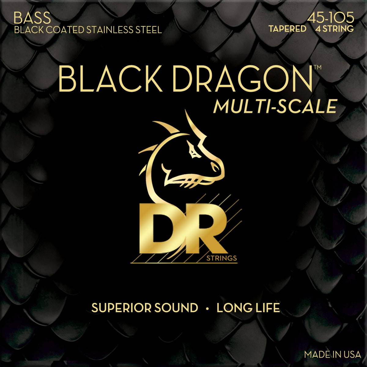Dây DR Black Dragon DBSMB-45 45-105 Medium – bao bì mặt trước, in MADE IN USA