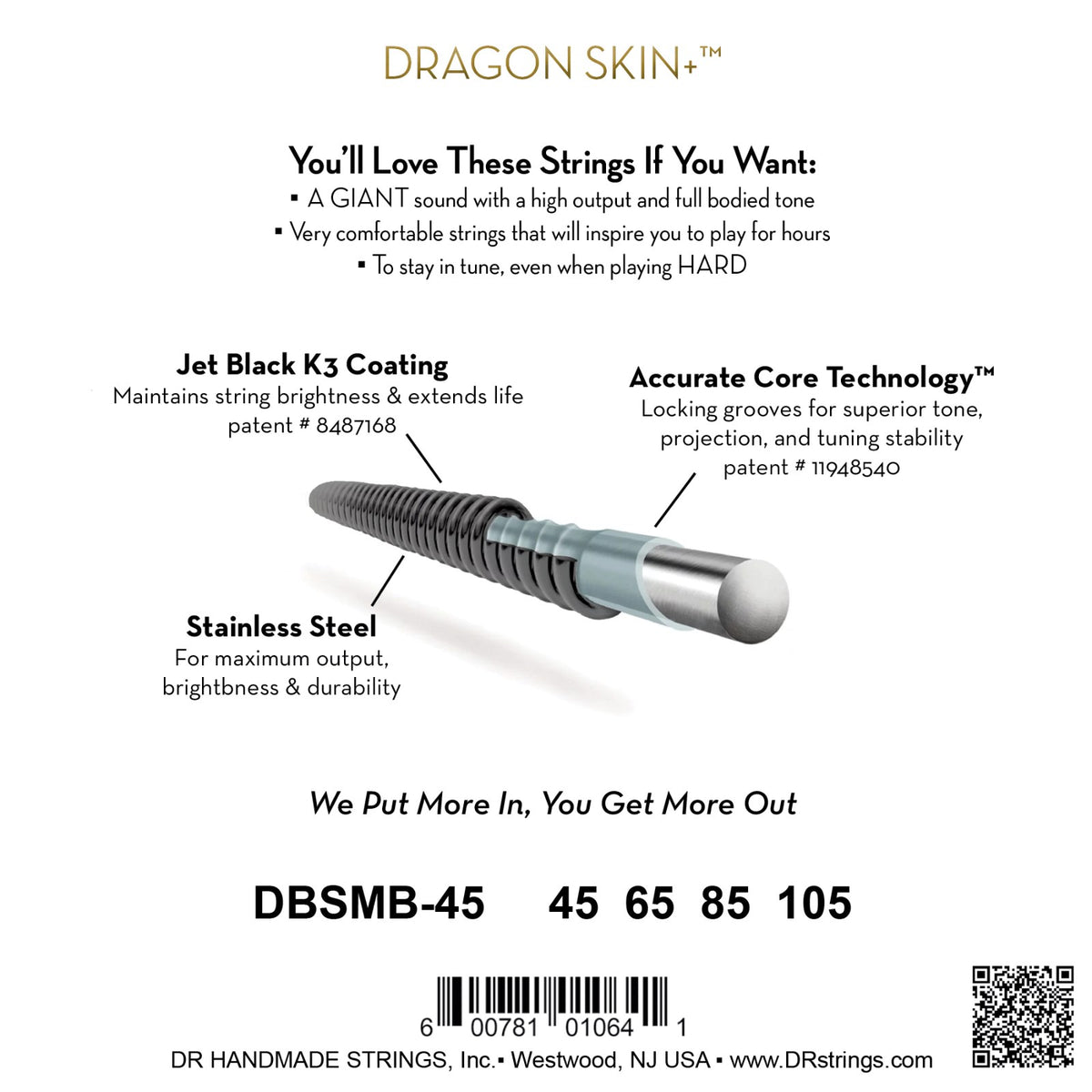 Mặt sau bao bì dây DR Black Dragon DBSMB-45: mã DBSMB-45, cỡ từng dây, mã vạch, DR Handmade Strings Westwood NJ USA