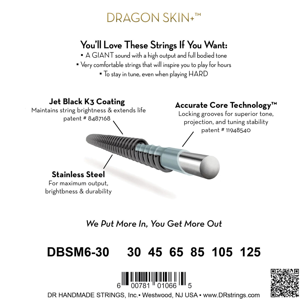 Mặt sau bao bì dây DR Black Dragon DBSMB6-30: mã DBSMB6-30, cỡ từng dây, mã vạch, DR Handmade Strings Westwood NJ USA