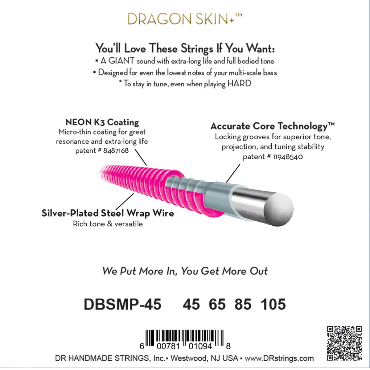 Mặt sau bao bì dây DR Pink Dragon DBSMP-45: mã DBSMP-45, cỡ từng dây, mã vạch, DR Handmade Strings Westwood NJ USA