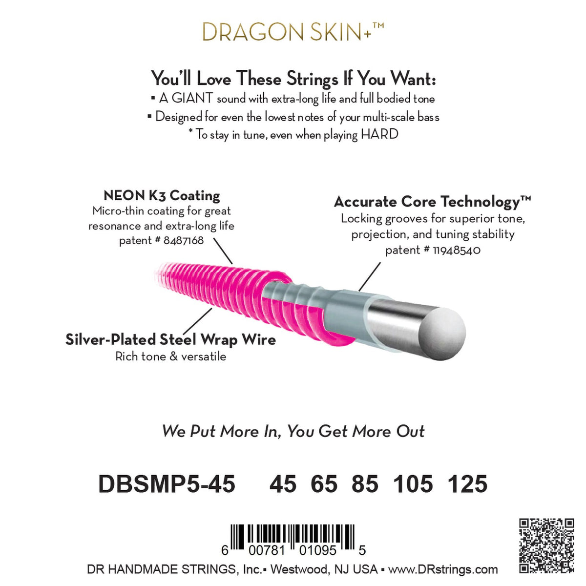 Mặt sau bao bì dây DR Pink Dragon DBSMP5-45: mã DBSMP5-45, cỡ từng dây, mã vạch, DR Handmade Strings Westwood NJ USA