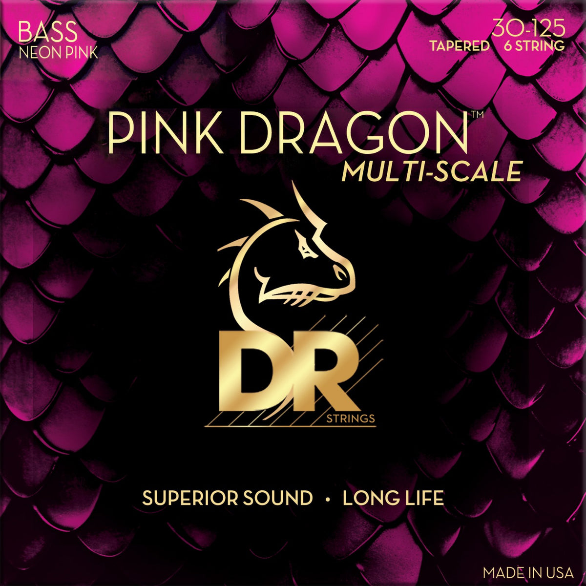 Dây DR Pink Dragon DBSMP6-30 30-125 Medium 6-String – bao bì mặt trước, in MADE IN USA
