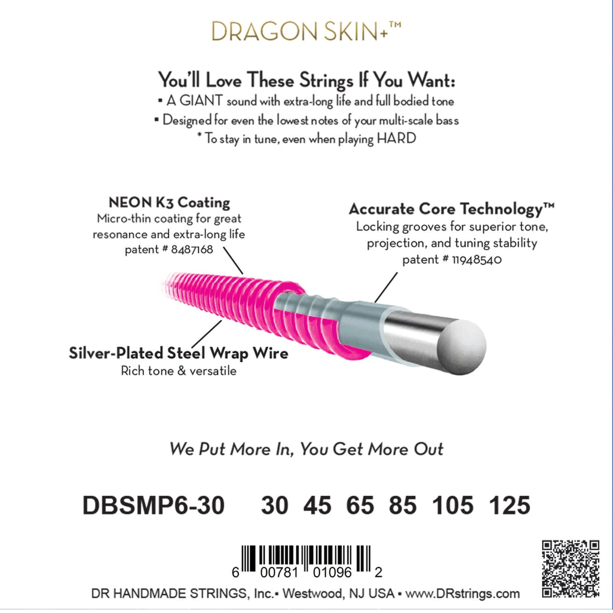 Mặt sau bao bì dây DR Pink Dragon DBSMP6-30: mã DBSMP6-30, cỡ từng dây, mã vạch, DR Handmade Strings Westwood NJ USA