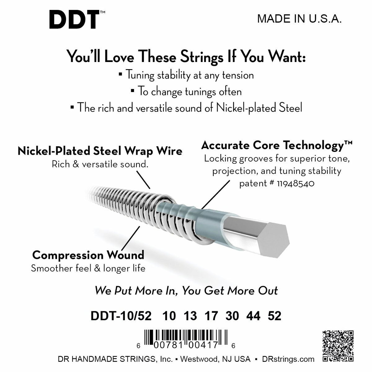 Mặt sau bao bì dây DR DDT Drop Down Tuning DDT-10/52: mã DDT-10/52, cỡ từng dây, mã vạch, DR Handmade Strings Westwood NJ USA
