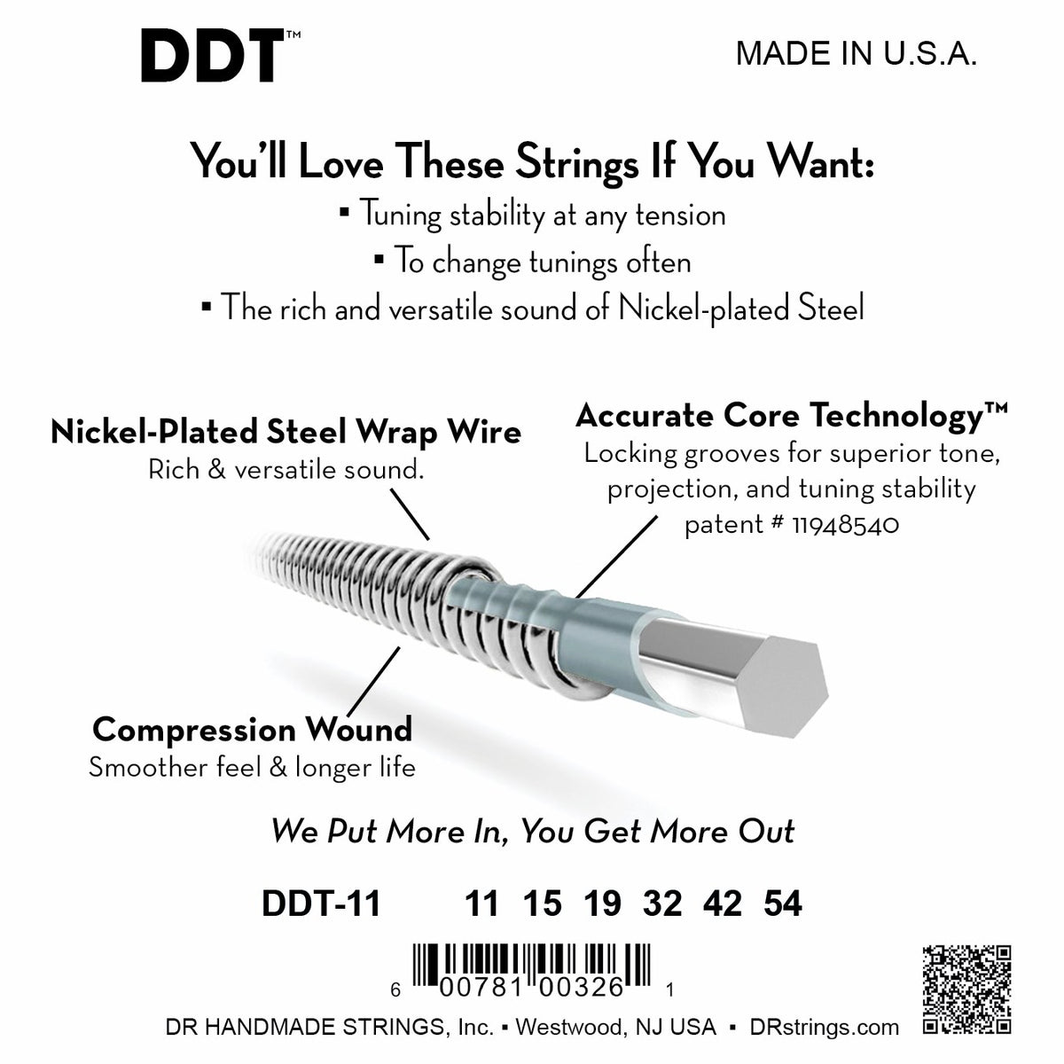 Mặt sau bao bì dây DR DDT Drop Down Tuning DDT-11: mã DDT-11, cỡ từng dây, mã vạch, DR Handmade Strings Westwood NJ USA