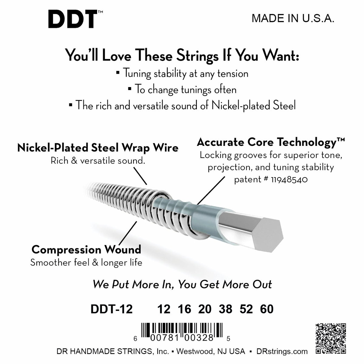 Mặt sau bao bì dây DR DDT Drop Down Tuning DDT-12: mã DDT-12, cỡ từng dây, mã vạch, DR Handmade Strings Westwood NJ USA