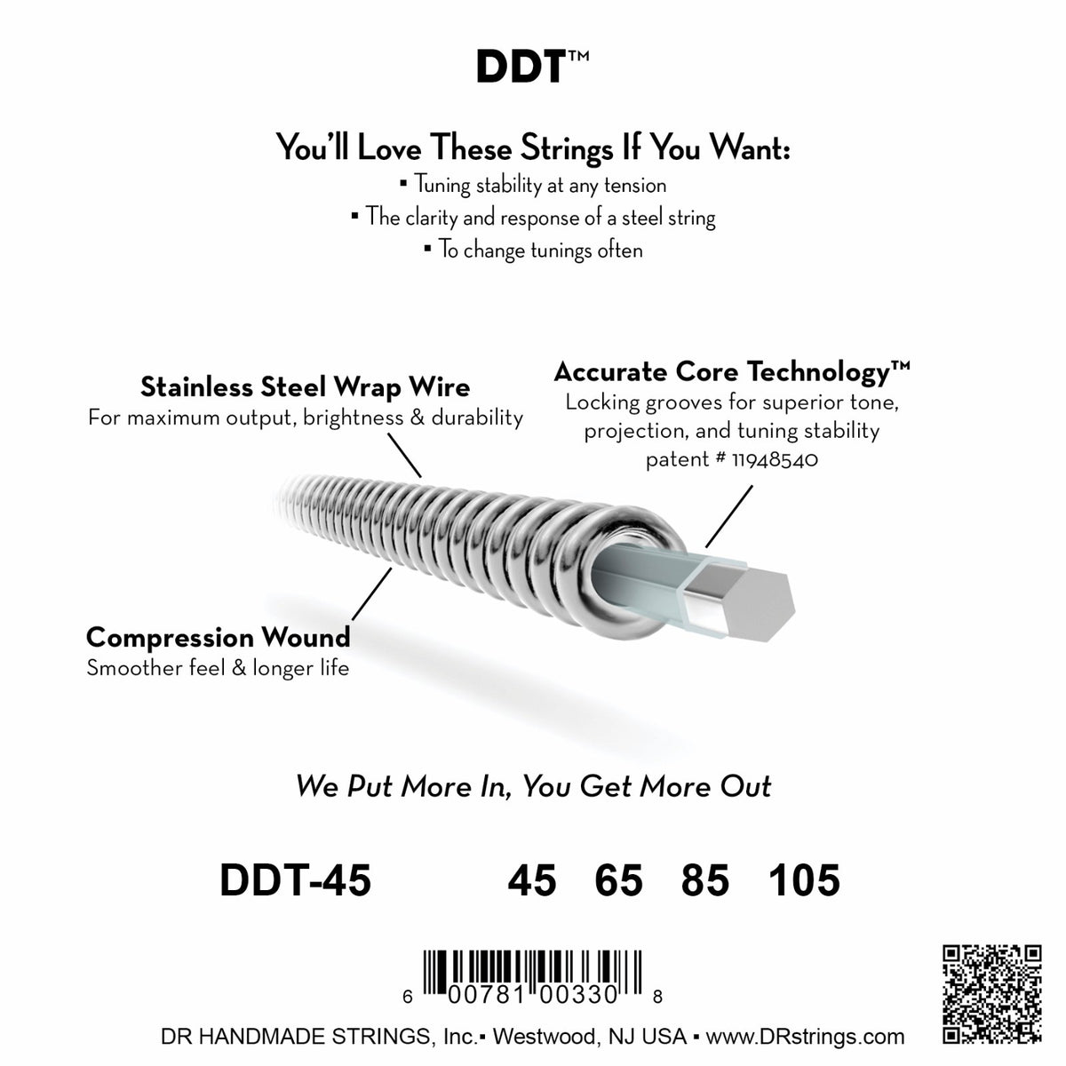 Mặt sau bao bì dây DR DDT Drop Down Tuning DDT-45: mã DDT-45, cỡ từng dây, mã vạch, DR Handmade Strings Westwood NJ USA
