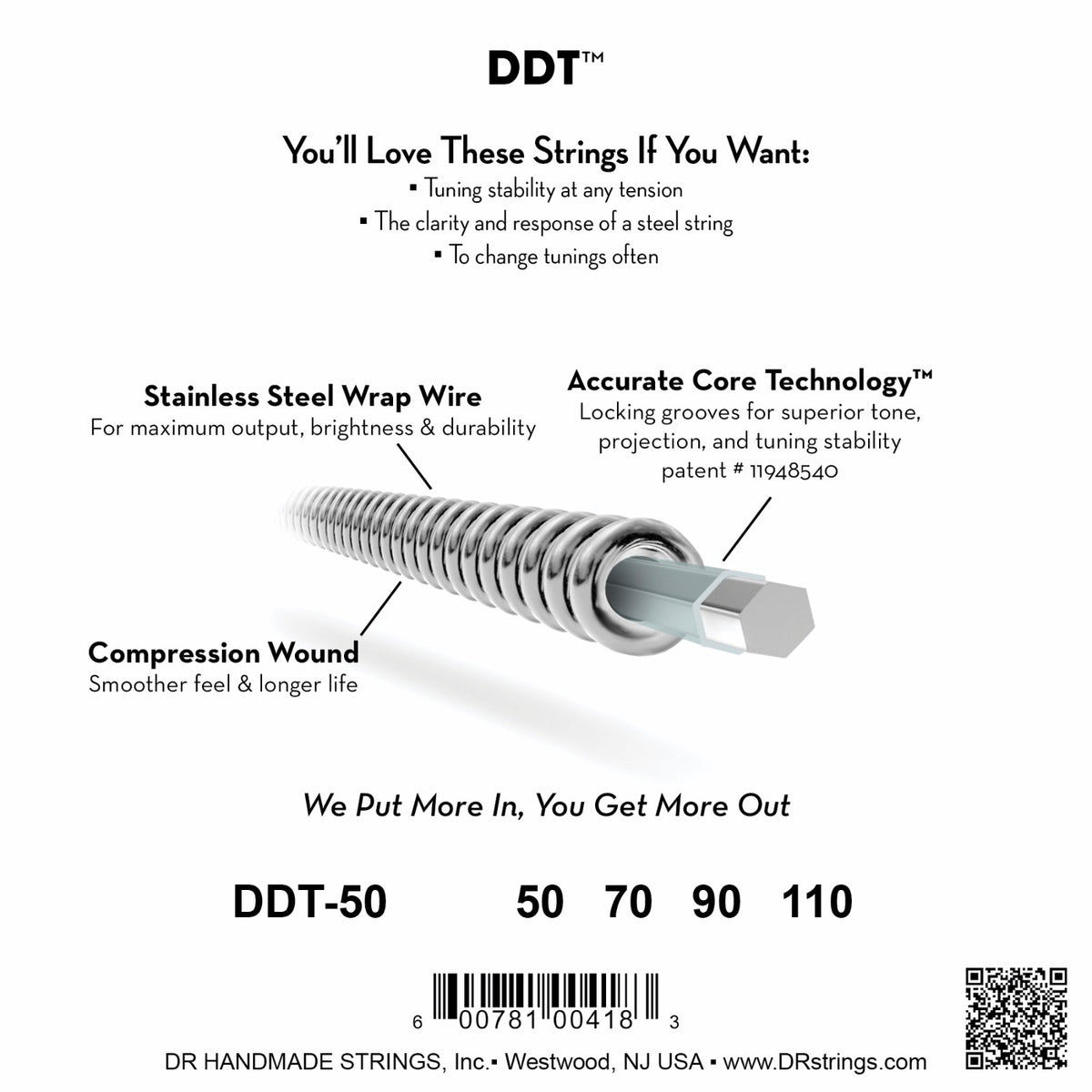 Mặt sau bao bì dây DR DDT Drop Down Tuning DDT-50: mã DDT-50, cỡ từng dây, mã vạch, DR Handmade Strings Westwood NJ USA