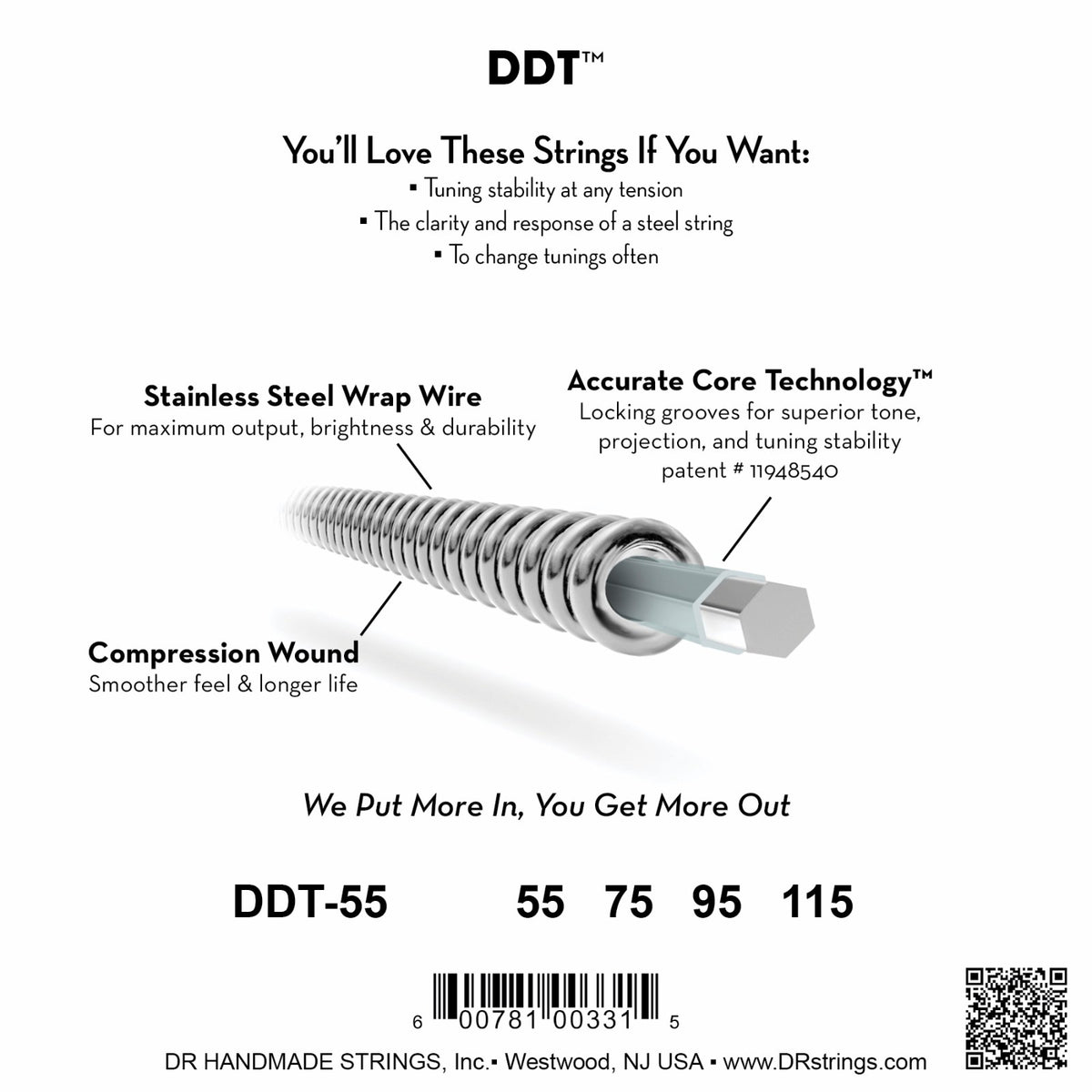 Mặt sau bao bì dây DR DDT Drop Down Tuning DDT-55: mã DDT-55, cỡ từng dây, mã vạch, DR Handmade Strings Westwood NJ USA