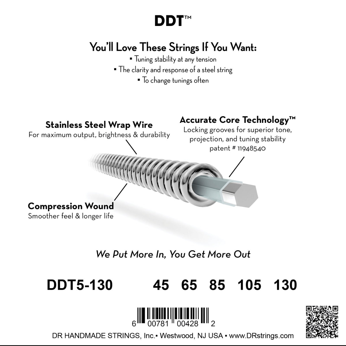 Mặt sau bao bì dây DR DDT Drop Down Tuning DDT5-130: mã DDT5-130, cỡ từng dây, mã vạch, DR Handmade Strings Westwood NJ USA