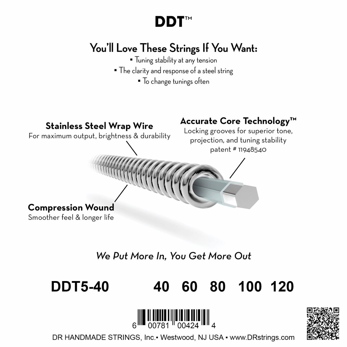 Mặt sau bao bì dây DR DDT Drop Down Tuning DDT5-40: mã DDT5-40, cỡ từng dây, mã vạch, DR Handmade Strings Westwood NJ USA