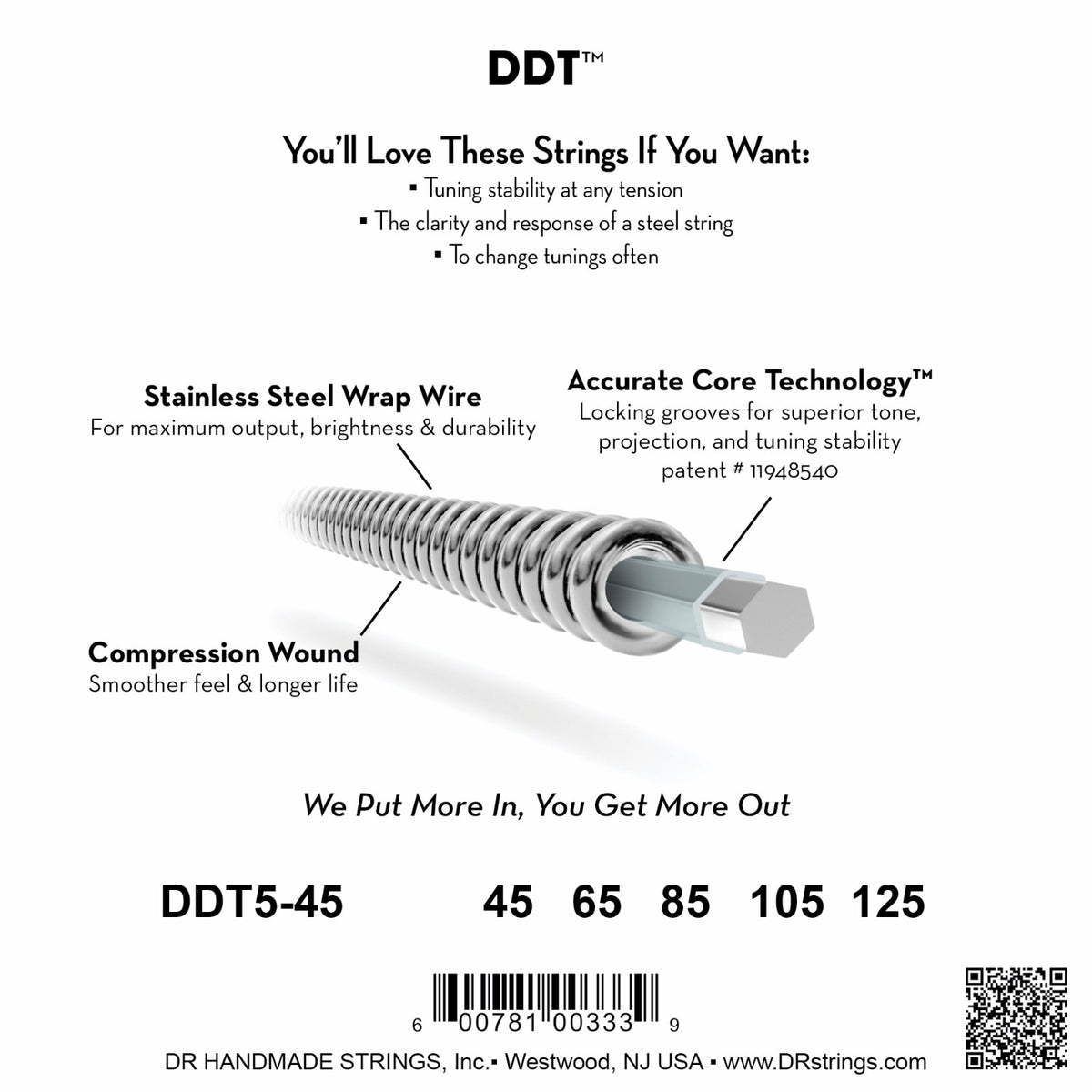 Mặt sau bao bì dây DR DDT Drop Down Tuning DDT5-45: mã DDT5-45, cỡ từng dây, mã vạch, DR Handmade Strings Westwood NJ USA