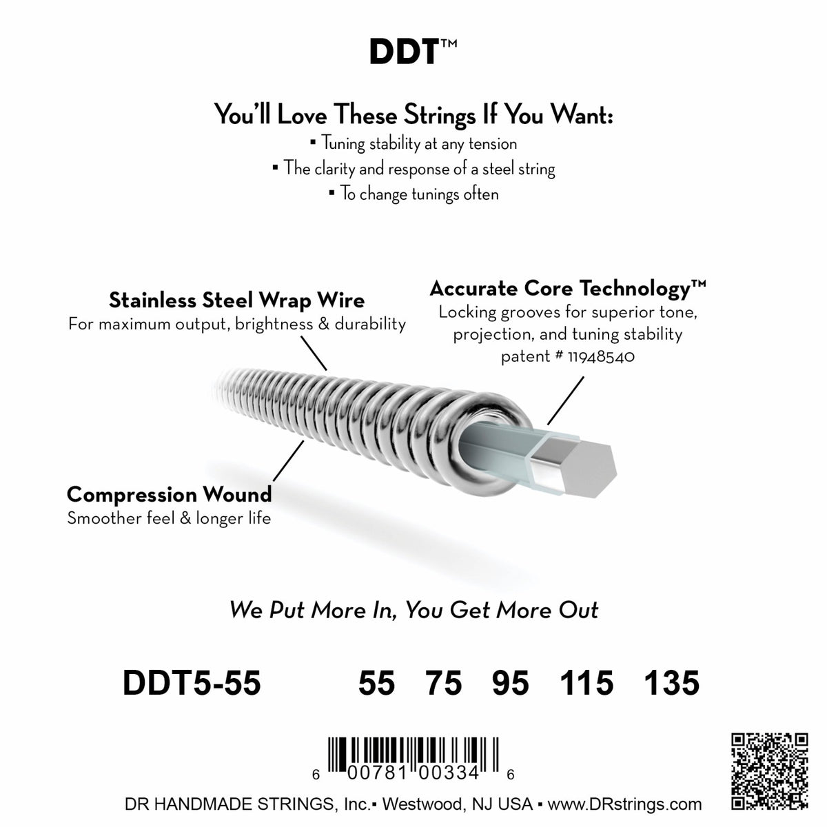 Mặt sau bao bì dây DR DDT Drop Down Tuning DDT5-55: mã DDT5-55, cỡ từng dây, mã vạch, DR Handmade Strings Westwood NJ USA