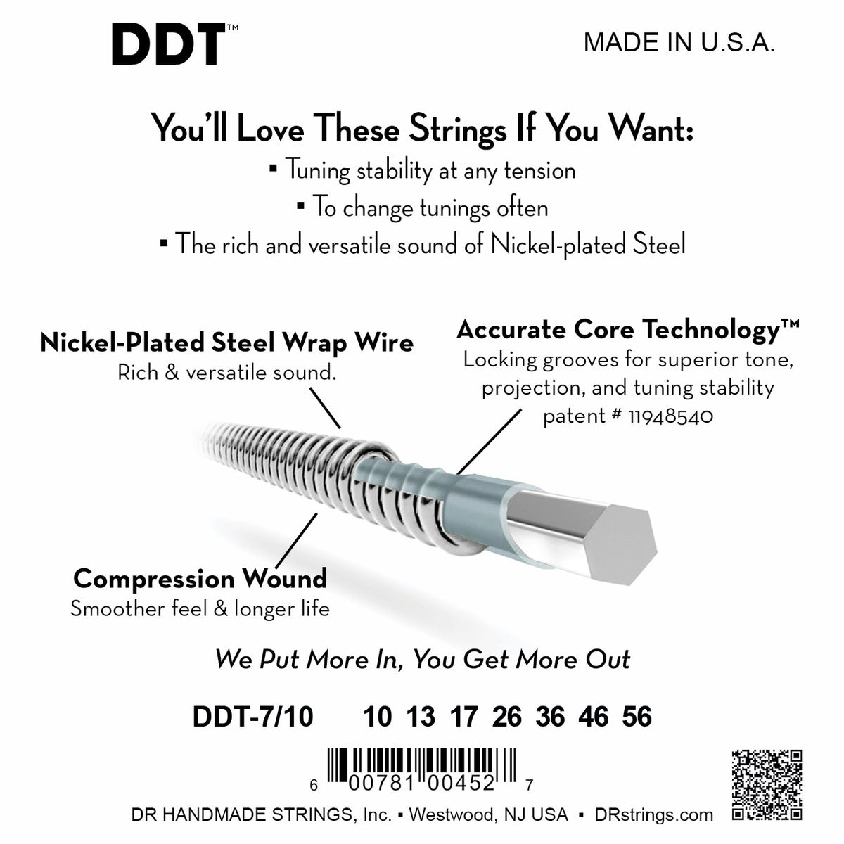 Mặt sau bao bì dây DR DDT Drop Down Tuning DDT7-10: mã DDT7-10, cỡ từng dây, mã vạch, DR Handmade Strings Westwood NJ USA