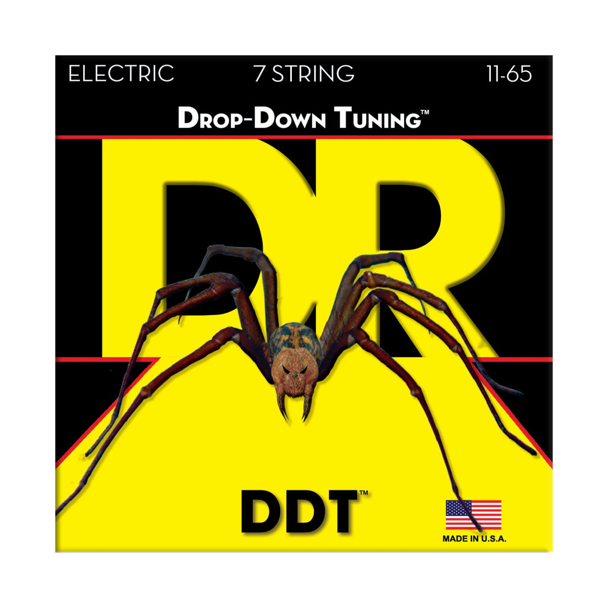 Dây DR DDT Drop Down Tuning DDT7-11 11-65 Extra Heavy 7-String – bao bì mặt trước, in MADE IN USA