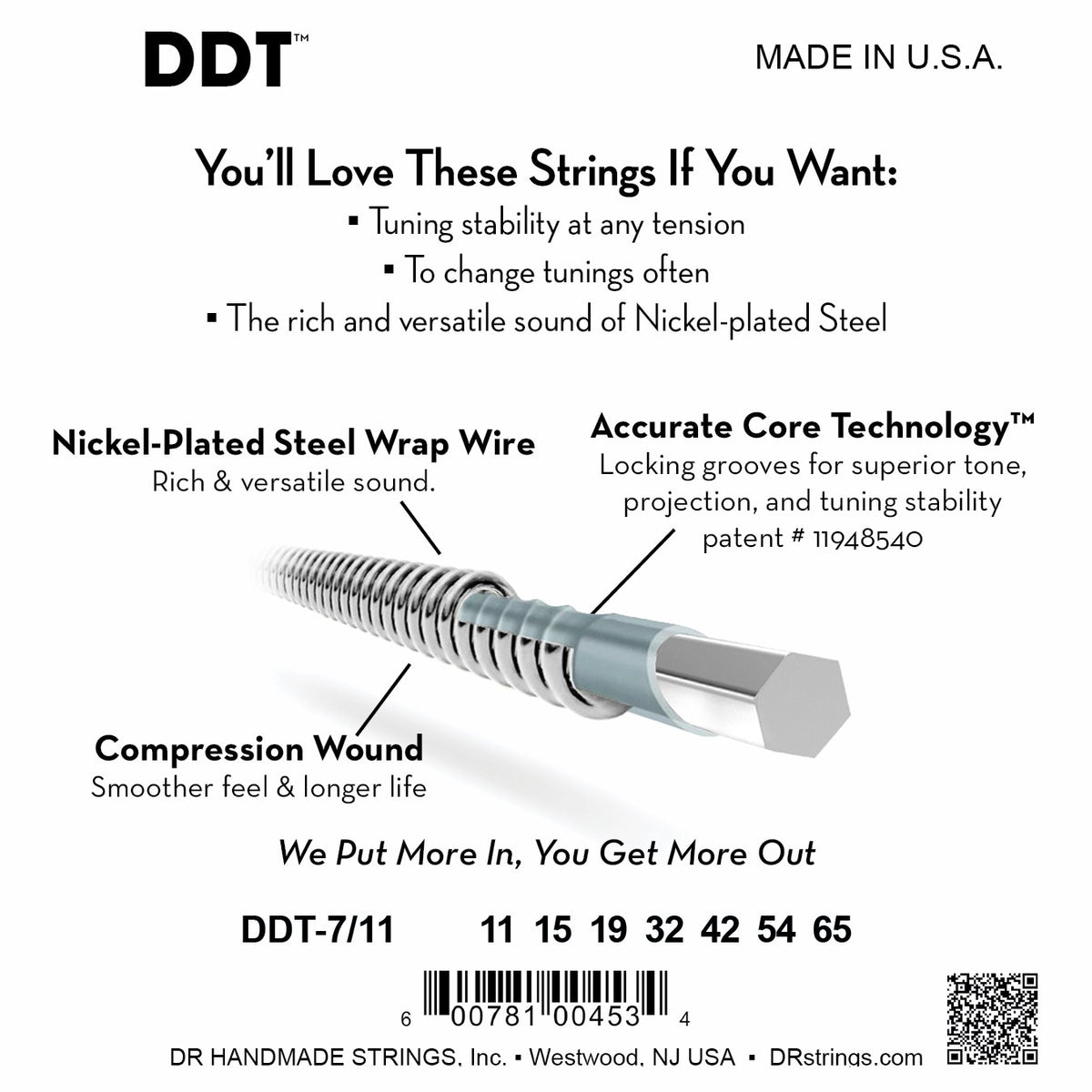 Mặt sau bao bì dây DR DDT Drop Down Tuning DDT7-11: mã DDT7-11, cỡ từng dây, mã vạch, DR Handmade Strings Westwood NJ USA
