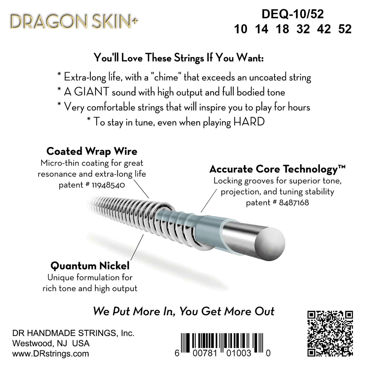 Mặt sau bao bì dây DR Dragon Skin+ DEQ-10/52: mã DEQ-10/52, cỡ từng dây, mã vạch, DR Handmade Strings Westwood NJ USA