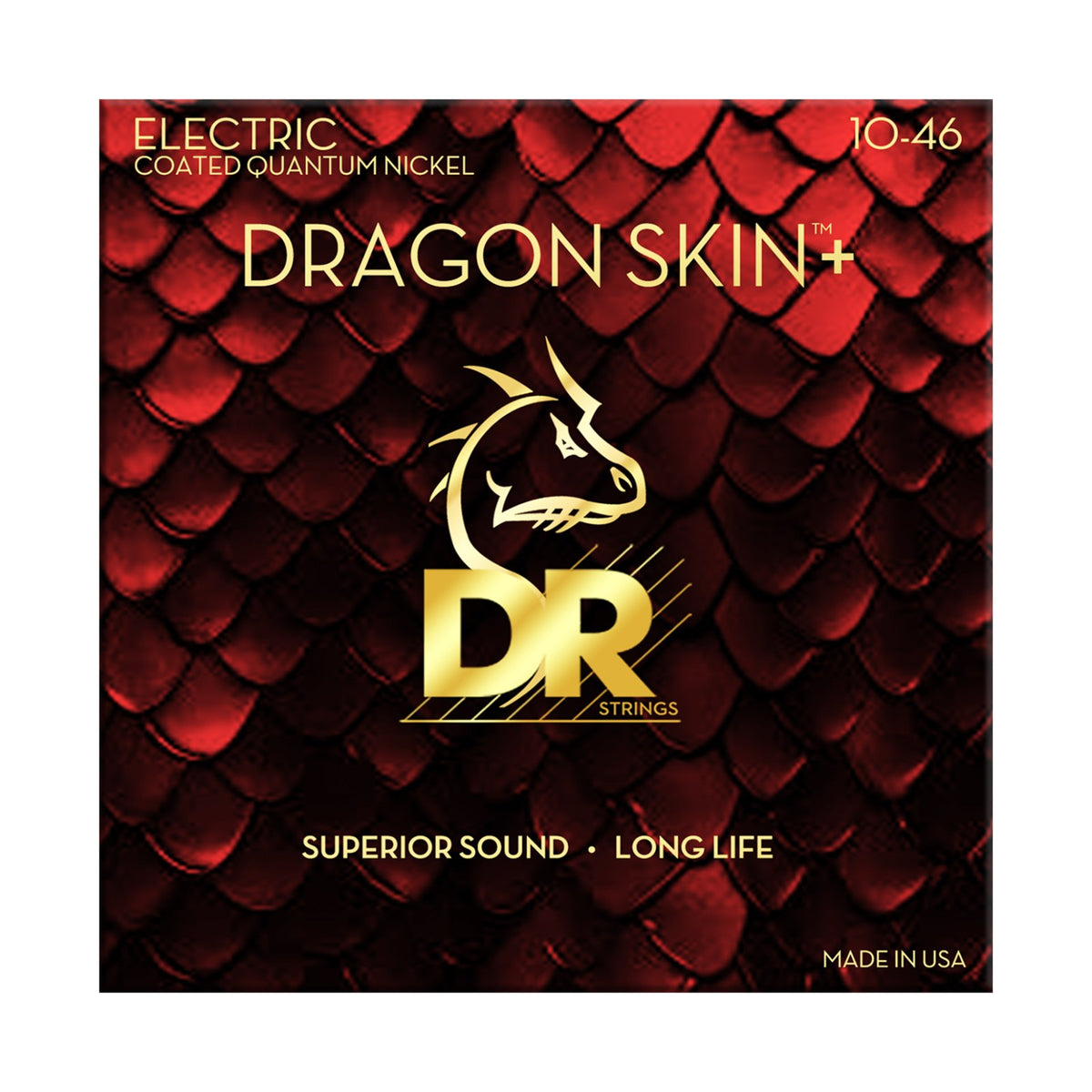 Dây DR Dragon Skin+ DEQ-10 10-46 Medium – bao bì mặt trước, in MADE IN USA