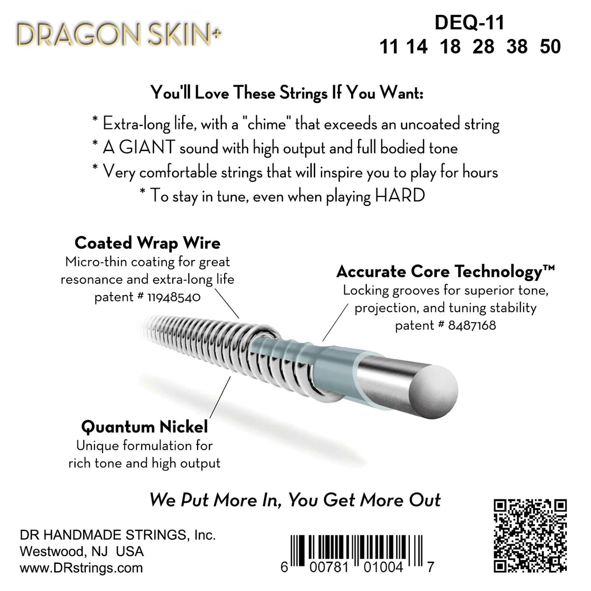 Mặt sau bao bì dây DR Dragon Skin+ DEQ-11: mã DEQ-11, cỡ từng dây, mã vạch, DR Handmade Strings Westwood NJ USA