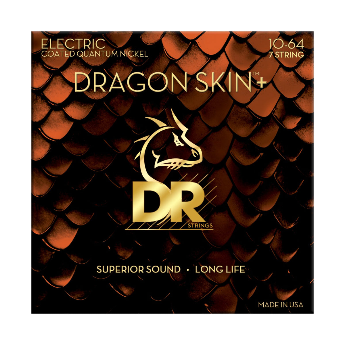 Dây DR Dragon Skin+ DEQ7-10/64 10-64 Medium 7-String – bao bì mặt trước, in MADE IN USA