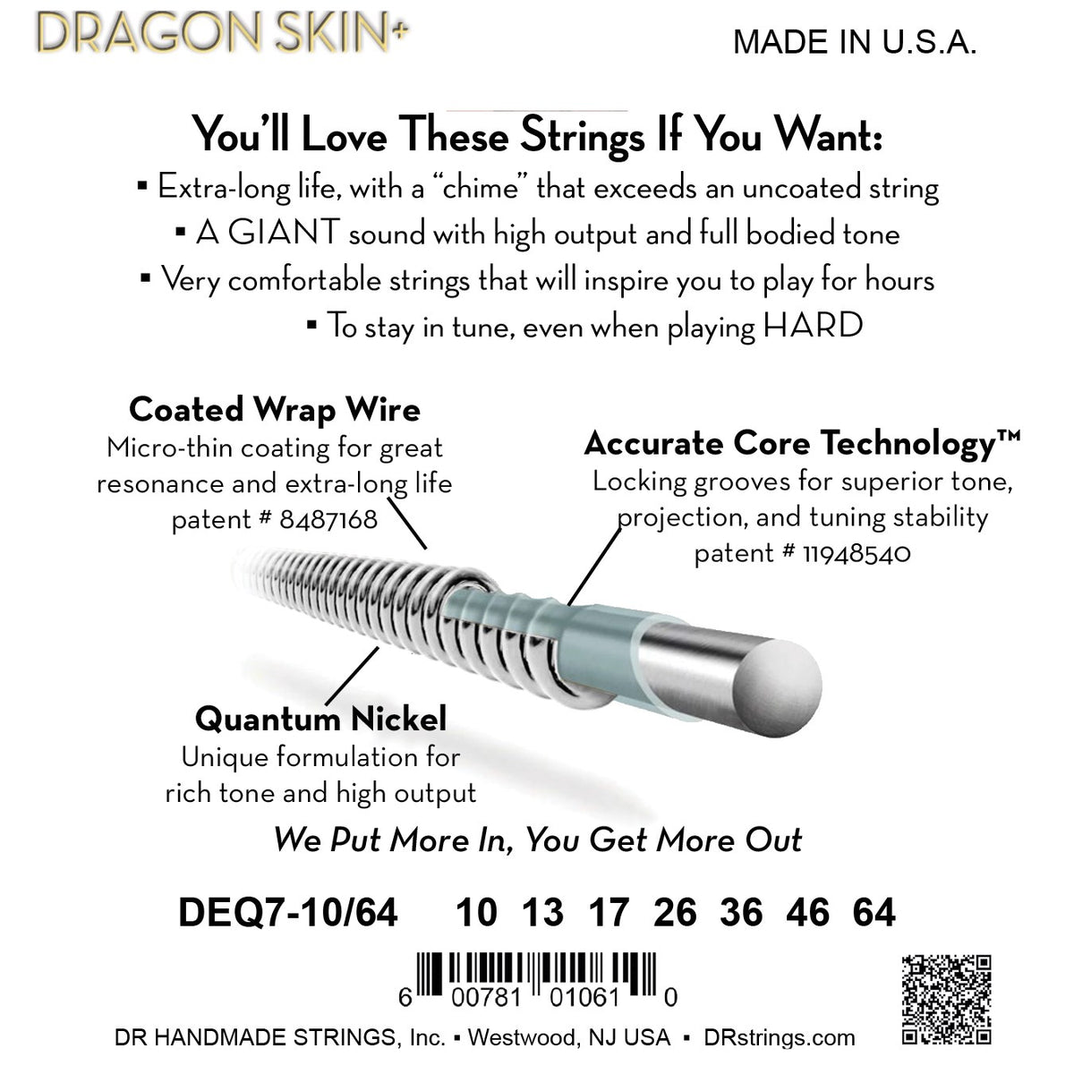 Mặt sau bao bì dây DR Dragon Skin+ DEQ7-10/64: mã DEQ7-10/64, cỡ từng dây, mã vạch, DR Handmade Strings Westwood NJ USA