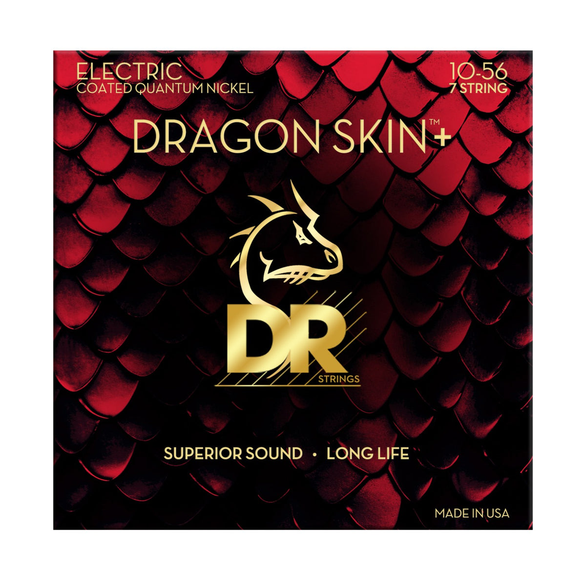 Dây DR Dragon Skin+ DEQ7-10 10-56 Medium  7-String – bao bì mặt trước, in MADE IN USA