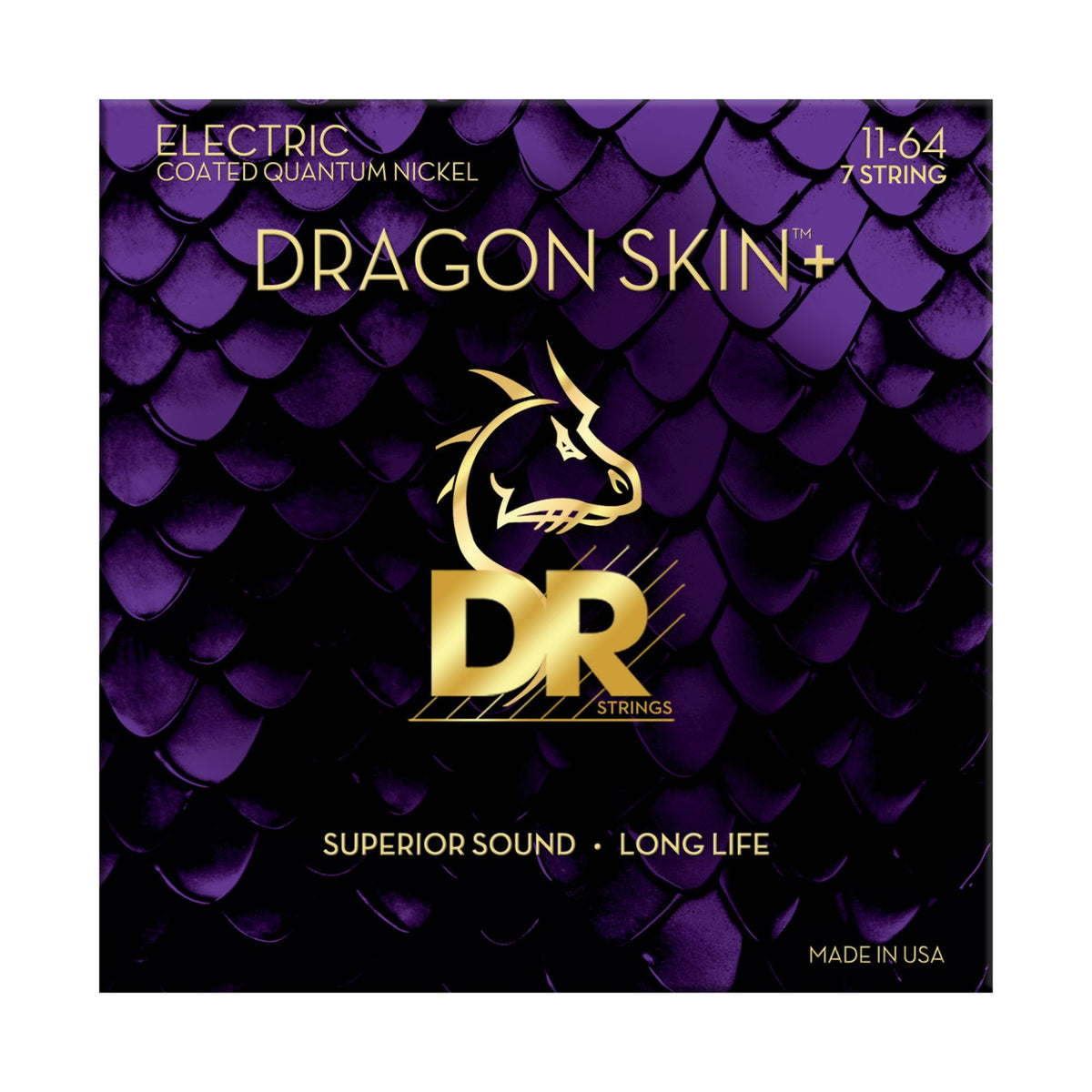 Dây DR Dragon Skin+ DEQ7-11/64 11-64 Heavy 7-String – bao bì mặt trước, in MADE IN USA