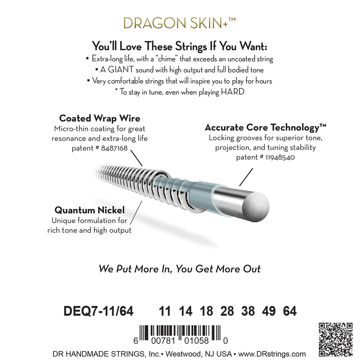 Mặt sau bao bì dây DR Dragon Skin+ DEQ7-11/64: mã DEQ7-11/64, cỡ từng dây, mã vạch, DR Handmade Strings Westwood NJ USA