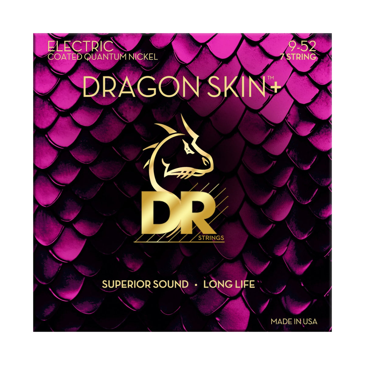 Dây DR Dragon Skin+ DEQ7-9 9-52 Light  7-String – bao bì mặt trước, in MADE IN USA