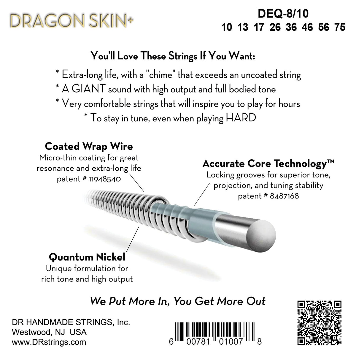 Mặt sau bao bì dây DR Dragon Skin+ DEQ8-10: mã DEQ8-10, cỡ từng dây, mã vạch, DR Handmade Strings Westwood NJ USA