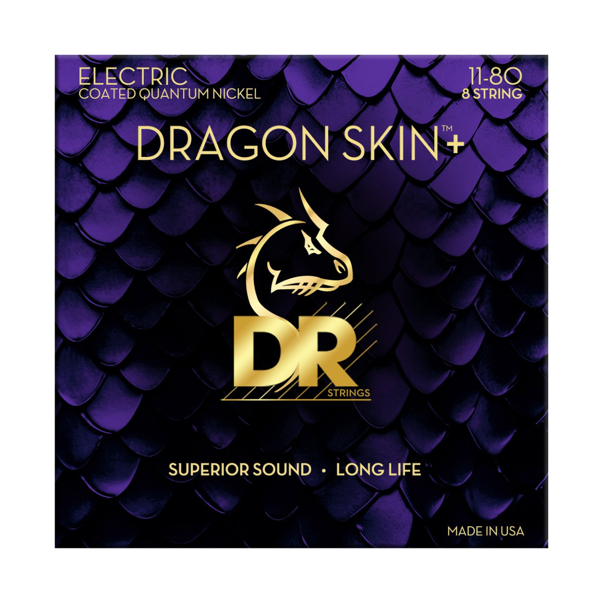 Dây DR Dragon Skin+ DEQ8-11 11-80 Heavy 8-Striing – bao bì mặt trước, in MADE IN USA