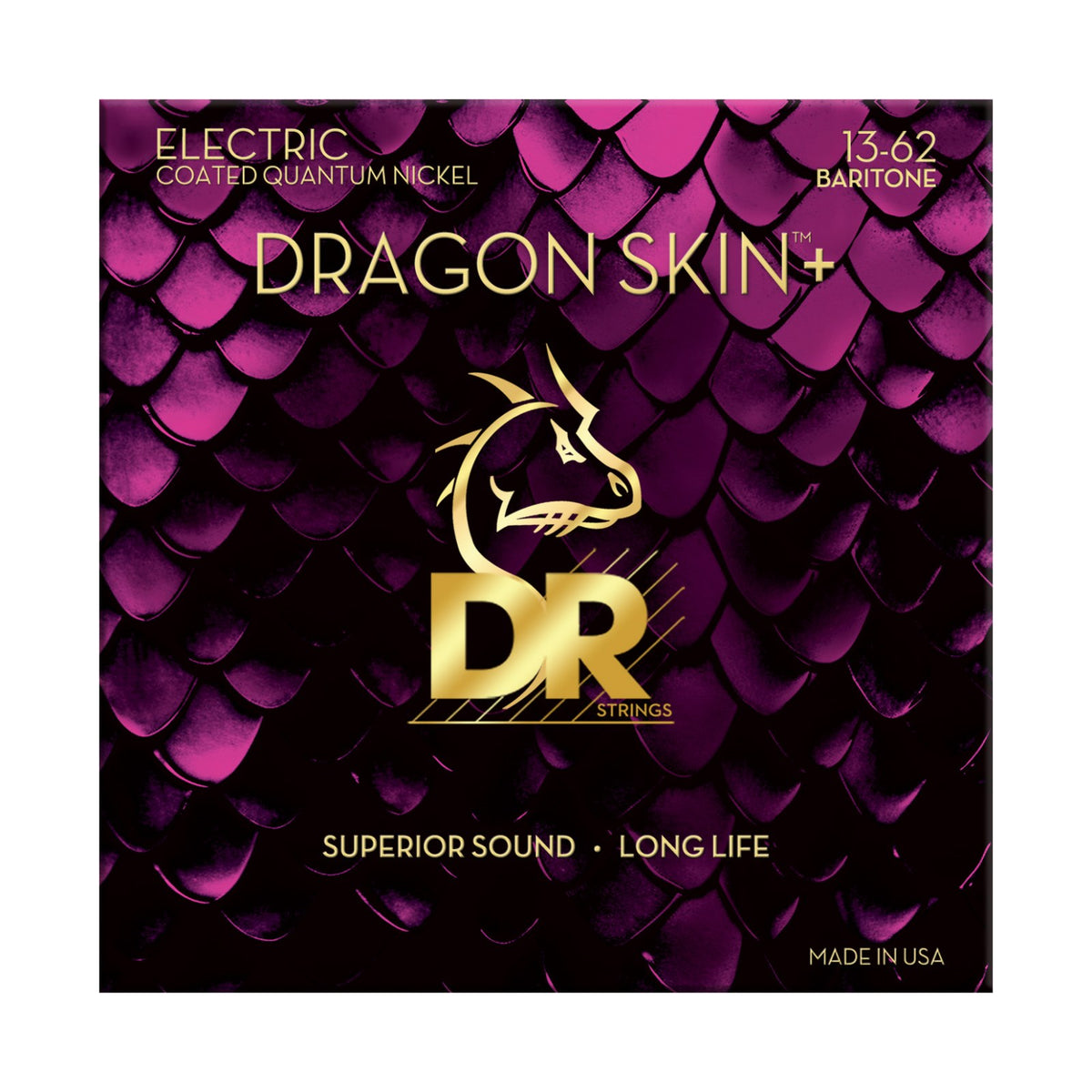Dây DR Dragon Skin+ DEQB-13 13-62 Baritone – bao bì mặt trước, in MADE IN USA