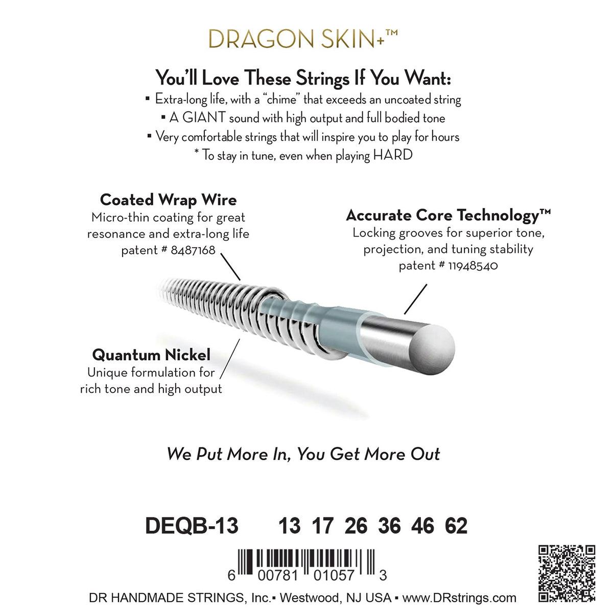 Mặt sau bao bì dây DR Dragon Skin+ DEQB-13: mã DEQB-13, cỡ từng dây, mã vạch, DR Handmade Strings Westwood NJ USA