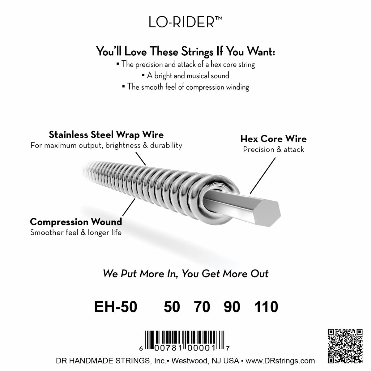 Mặt sau bao bì dây DR Lo-Rider EH-50: mã EH-50, cỡ từng dây, mã vạch, DR Handmade Strings Westwood NJ USA