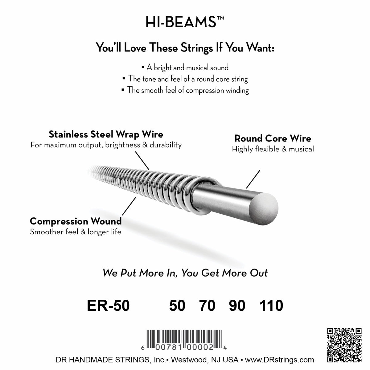 Mặt sau bao bì dây DR Hi-Beam ER-50: mã ER-50, cỡ từng dây, mã vạch, DR Handmade Strings Westwood NJ USA