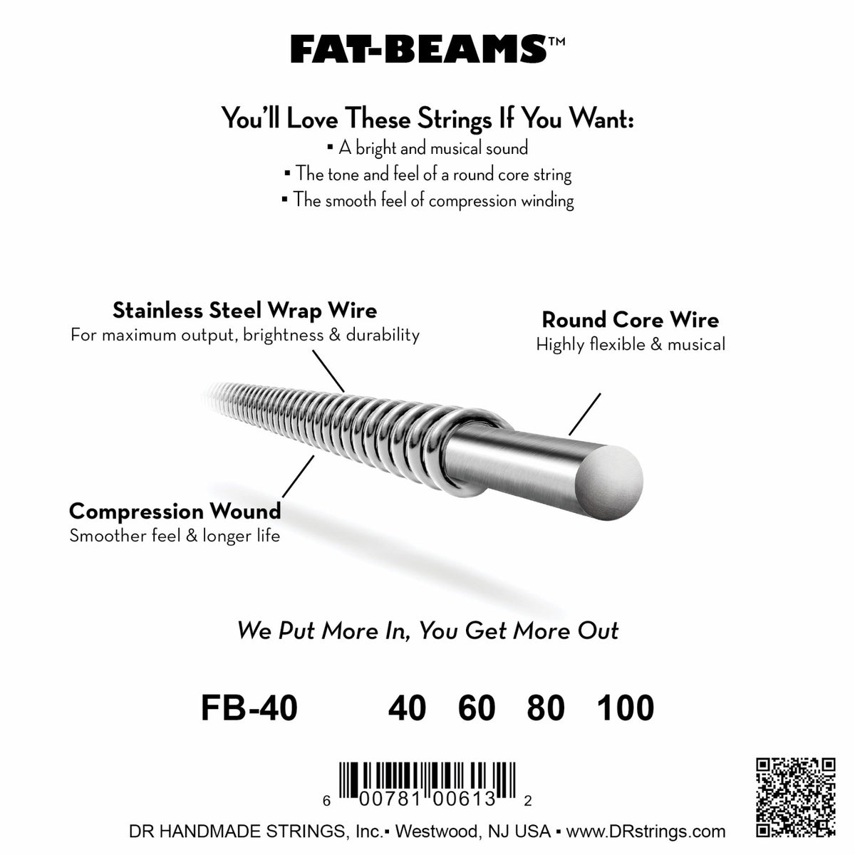 Mặt sau bao bì dây DR Fat-Beam FB-40: mã FB-40, cỡ từng dây, mã vạch, DR Handmade Strings Westwood NJ USA