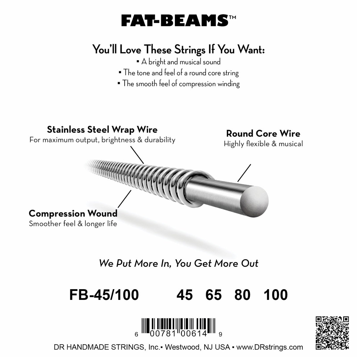 Mặt sau bao bì dây DR Fat-Beam FB-45/100: mã FB-45/100, cỡ từng dây, mã vạch, DR Handmade Strings Westwood NJ USA