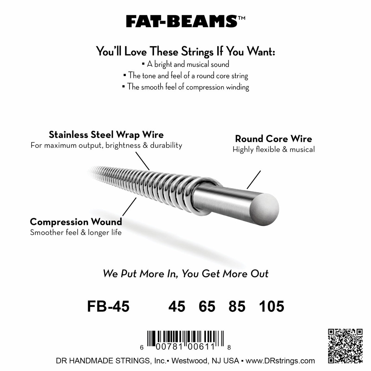 Mặt sau bao bì dây DR Fat-Beam FB-45: mã FB-45, cỡ từng dây, mã vạch, DR Handmade Strings Westwood NJ USA