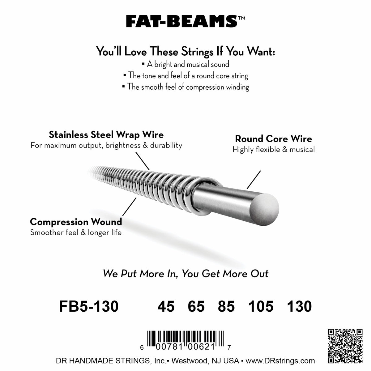 Mặt sau bao bì dây DR Fat-Beam FB5-130: mã FB5-130, cỡ từng dây, mã vạch, DR Handmade Strings Westwood NJ USA