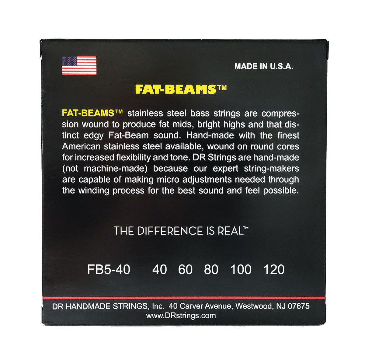 Mặt sau bao bì dây DR Fat-Beam FB5-40: mã FB5-40, cỡ từng dây, mã vạch, DR Handmade Strings Westwood NJ USA