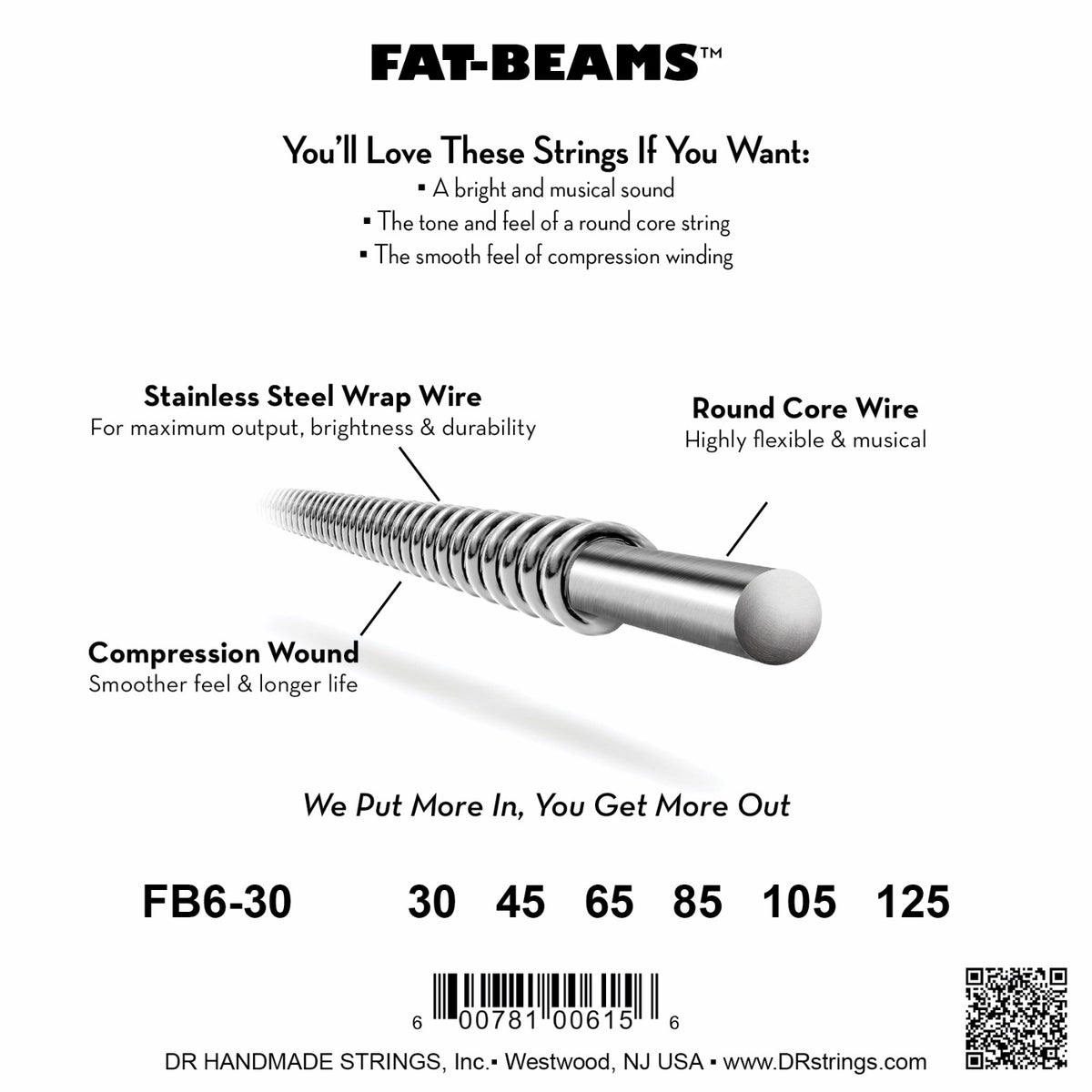 Mặt sau bao bì dây DR Fat-Beam FB6-30: mã FB6-30, cỡ từng dây, mã vạch, DR Handmade Strings Westwood NJ USA
