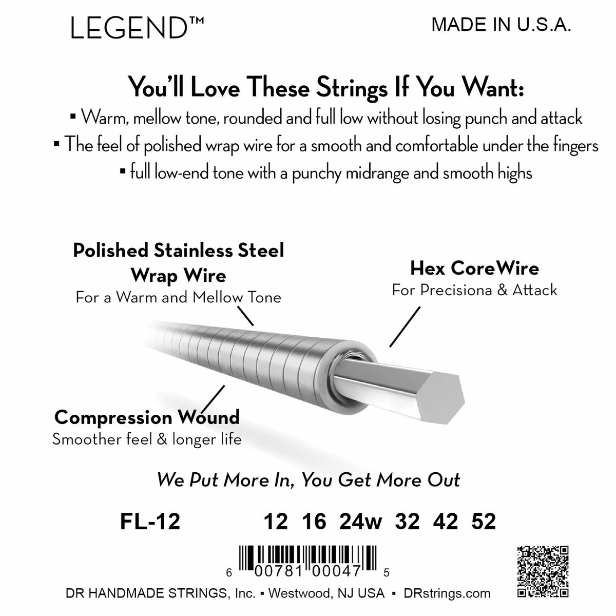 Mặt sau bao bì dây DR Legend Flatwound FL-12: mã FL-12, cỡ từng dây, mã vạch, DR Handmade Strings Westwood NJ USA