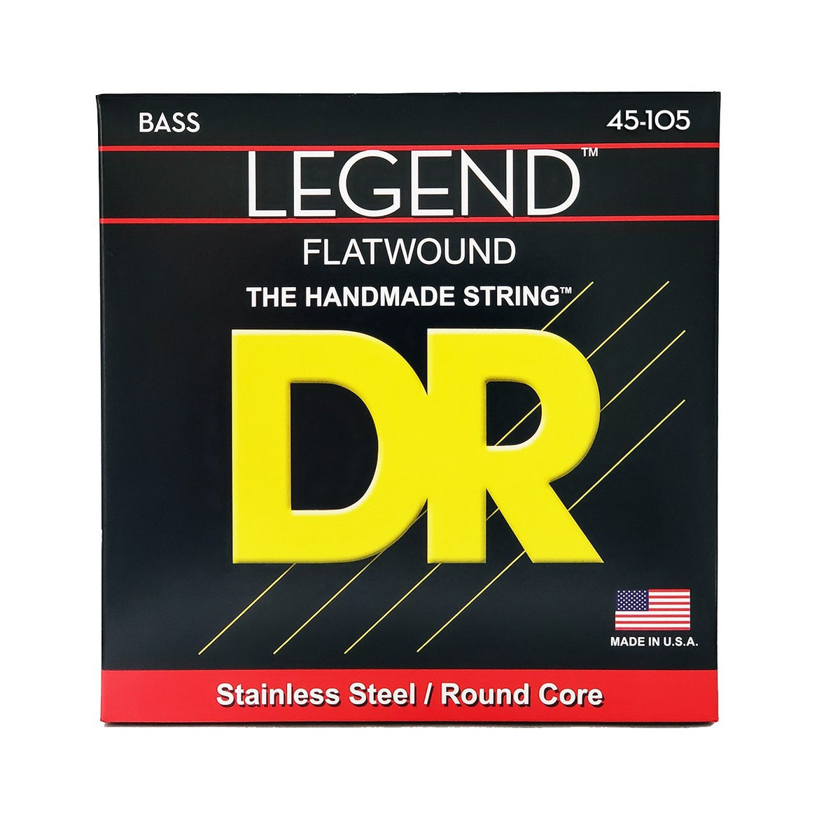 Dây DR Legend Flatwound FL-45 45-105 Medium – bao bì mặt trước, in MADE IN USA