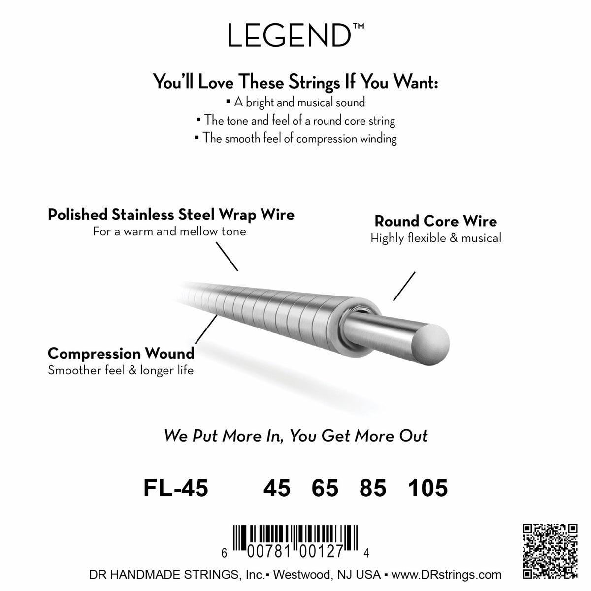 Mặt sau bao bì dây DR Legend Flatwound FL-45: mã FL-45, cỡ từng dây, mã vạch, DR Handmade Strings Westwood NJ USA