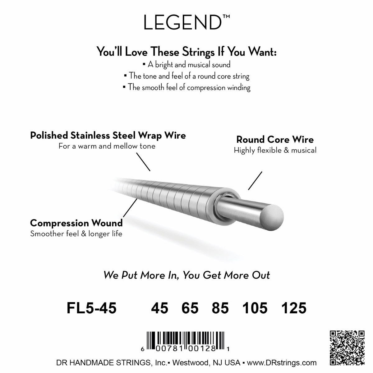 Mặt sau bao bì dây DR Legend Flatwound FL5-45: mã FL5-45, cỡ từng dây, mã vạch, DR Handmade Strings Westwood NJ USA